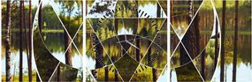 Obraz - Geometrická koláž na pozadí severských lesov (s hodinami) (90x30 cm)