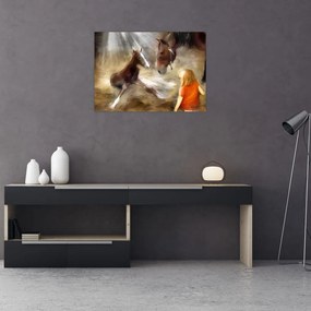 Sklenený obraz - Vitaj na svete, žriebätko (70x50 cm)