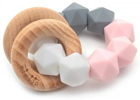Silikónové hryzátko a hrkálka 2v1 Tina Mimijo s drevenými krúžkami - biela/ružová/sivá