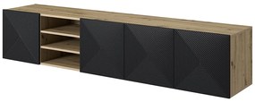 Závesná TV skrinka Asha 200 cm s otvorenými policami - artisan / čierny mat