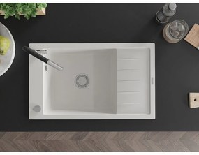 Mexen Elias, 1-komorový granitový drez 795x480x200 mm a drezová batéria Flora, biela, 6511-20-670401-07
