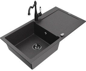 Mexen Leo, granitový drez 900x500x190 mm, 1-komorový a drezová batéria Carla, čierna škvrnitá, 6501-76-670700-70-B