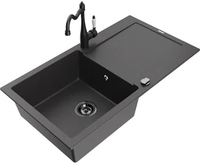 Mexen Leo, granitový drez 900x500x190 mm, 1-komorový a drezová batéria Carla, čierna škvrnitá, 6501-76-670700-70-B