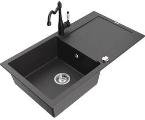 Mexen Leo, 1-komorový granitový drez 900x500x190 mm a drezová batéria Carla, čierna škvrnitá, 6501-76-670700-70