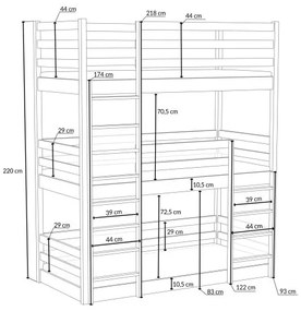 Detská trojposchodová posteľ z masívu borovice ARIZONA - 200x90 cm - BIELA
