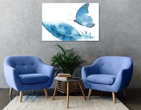Obraz pierko s motýľom v modrom prevedení - 120x80