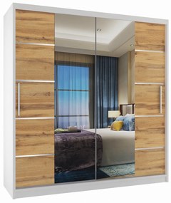 Šatníková skriňa 158 cm Belini biely mat / dub wotan s posuvnými dverami zrkadlom a zásuvkami ME SZP7/0/W/DW/0/KLAL