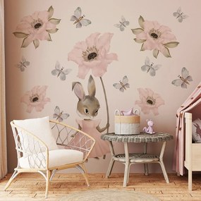 Gario Detská nálepka na stenu Pastel bunnies - zajačik, kvety a motýle Rozmery: L