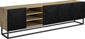 TV skrinka Asha 200 cm s otvorenými policami na podstavci - dub artisan / čierny mat