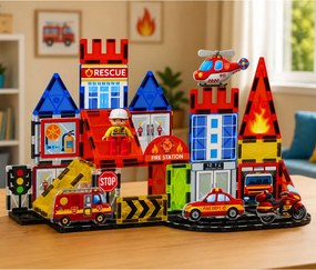 LEAN Toys Magnetické stavebné kocky – Požiarna stanica, 42 dielov