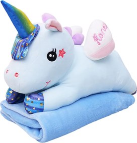 LEAN Toys Plyšový maskot jednorožec s dekou 160x110cm Modrá 55cm