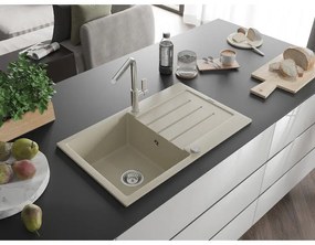 Mexen Bruno, 1-komorový granitový drez 795x495x200 mm a drezová batéria Flora, béžová, 6513-69-670401-00