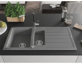 Mexen Andres, 1,5-komorový granitový drez 1000x500x200 mm a drezová batéria Flora, šedá, 6515-71-670401-07