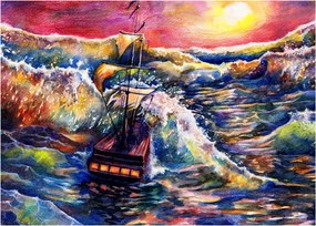Obraz - Loď na oceánskych vlnách, aquarel (70x50 cm)