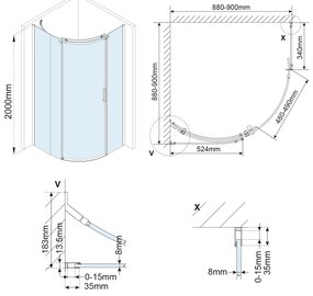 Polysan Polysan, THRON SQUARE štvrťkruhová sprchová zástena 900x900mm, číre sklo, ľavá, TL2690-5002