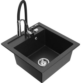 Mexen Vito, 1-komorový granitový drez 490x520x210 mm a drezová batéria Aster, čierna-strieborná metalíza, 6503-73-73450-07