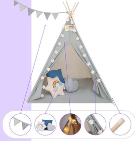 Jurhan Detský stan teepee JULIUS, 120x120x160cm, šedá/modrá