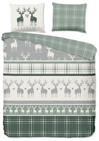 Zeleno-krémové predĺžené flanelové obliečky na dvojlôžko 200x220 cm Bjirk – Good Morning