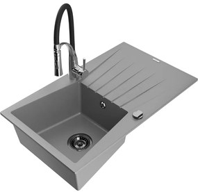 Mexen Cesar, 1-komorový granitový drez 775x470x190 mm a drezová batéria Aster, šedá, 6514-71-73450-07-B