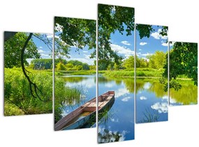 Obraz letné rieky s loďkou (150x105 cm)