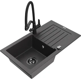 Mexen Pablo, granitový drez 752x436x161 mm, 1-komorový a drezová batéria Duo, čierna škvrnitá, 6510-76-671701-70-B