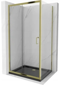 Mexen Apia, sprchový kút s posuvnými dverami 130 (dvere) x 90 (stena) cm, 6mm číre sklo, zlatý profil + čierna sprchová vanička SLIM, 840-130-090-50-00-4070G