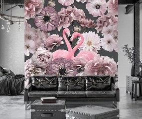 Gario Fototapeta Ružové kvety a plameniak - Andrea Haase Materiál: Vliesová, Rozmery: 250 x 250 cm