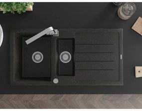 Mexen Andres, granitový drez 1000x500x200 mm, 1,5-komorový, čierna - zlatá metalíza s chrómovým sifónom a chrómová drezová batéria Rita, 6515-75-670300-00