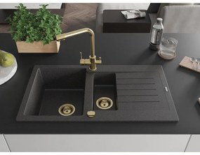 Mexen Matias, granitový drez 900x505x200 mm, 1,5-komorový a zlatá batéria Duero, čierna škvrnitá, 6502-76-671600-50