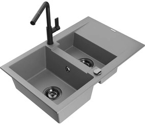 Mexen Gaspar, 1,5-komorový granitový drez 737x475x177 mm a drezová batéria Flora, šedá, 6507-71-670401-70-B