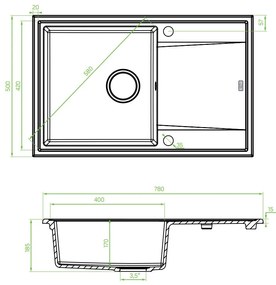 Laveo Megalo, 1-komorový granitový drez 780x500x185 mm + drezová batéria BKZ_468, béžová, LAV-SBEA411T