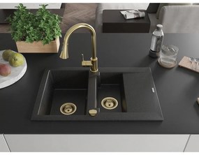Mexen Gaspar, 1,5-komorový granitový drez 737x475x177 mm a drezová batéria Elia, čierna-strieborná metalíza, 6507-73-670101-50