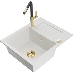Mexen Enzo, 1-komorový granitový drez 576x465x174 mm a drezová batéria Flora, biela, 6506-20-670401-57-G