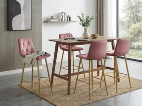 Tmavo ružová barová stolička NADO VELVET s nohami v dekore dub