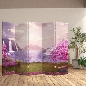 Paraván - Ružové stromy s jazerom (210x170 cm)