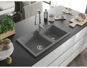 Mexen Tomas, granitový drez 800x500x190 mm, 2-komorový a drezová batéria Savita, šedá, 6516-71-672601-00