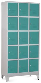 Kovová šatníková skrinka - 15 boxov, 90 x 40 x 196,5 cm, nastaviteľné nôžky, otočný zámok, zelená - ral 6033