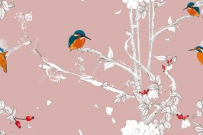 Samolepiaca tapeta vtáčiky v šípkových kríkoch na ružovom pozadí