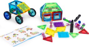 MULTISTORE Magnetické stavebné kocky 48 ks – stavebnica 2D/3D s kolieskami a šablónami, pre deti 3+