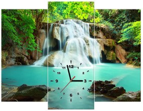 Gario Obraz s hodinami Vodopád v Thajsku - 3 dielny Rozmery: 80 x 40 cm