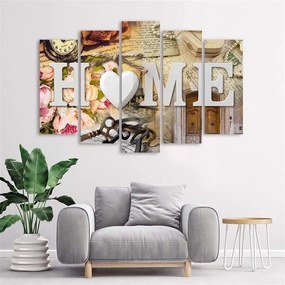 Obraz na plátně pětidílný Home Srdce Retro nápis - 150x100 cm