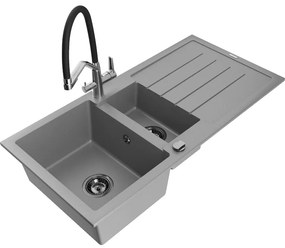 Mexen Andres, granitový drez 1000x500x200 mm, 1,5-komorový a drezová batéria Duo, šedá, 6515-71-671701-07-B