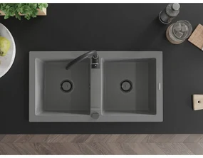 Mexen Mario, granitový drez 820x436x161 mm, 2-komorový, šedá s čiernym sifónom, 6504822000-71-B