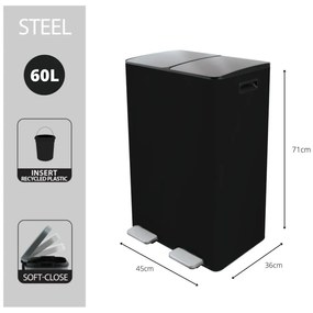 Matne čierny oceľový odpadkový kôš 2x30 l na triedený odpad/nášľapný Aliya – Spirella