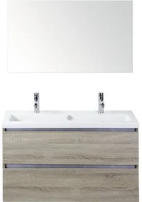 Kúpeľňový nábytkový set Vogue 100 cm s keramickým umývadlom 2 otvormi na kohúty a zrkadlom dub sivý