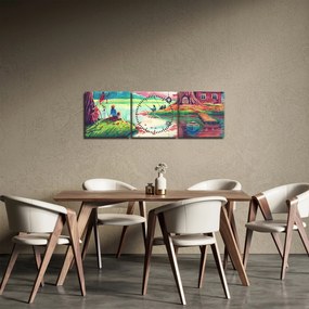Obraz - Aquarel, Zátoka v horskej dedinke (s hodinami) (90x30 cm)