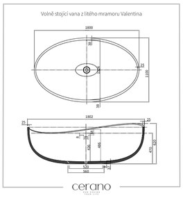 Cerano Valentina, voľne stojaca vaňa z liateho mramoru 180x110 cm, čierna matná, CER-CER-417521