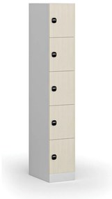 Šatníková skrinka s úložnými boxmi, 5 boxov, 1850 x 300 x 500 mm, demont, zámok s čítačkou RFID kariet, laminované dvere, breza