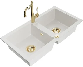Mexen Mario, granitový drez 820x436x161 mm, 2-komorový a drezová batéria Carla, biela, 6504-20-670700-50