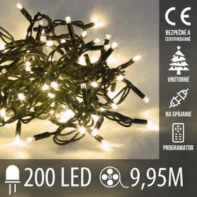 Vianočná led svetelná reťaz na spájanie vnútorná + programy - 200led - 9,95m teplá biela